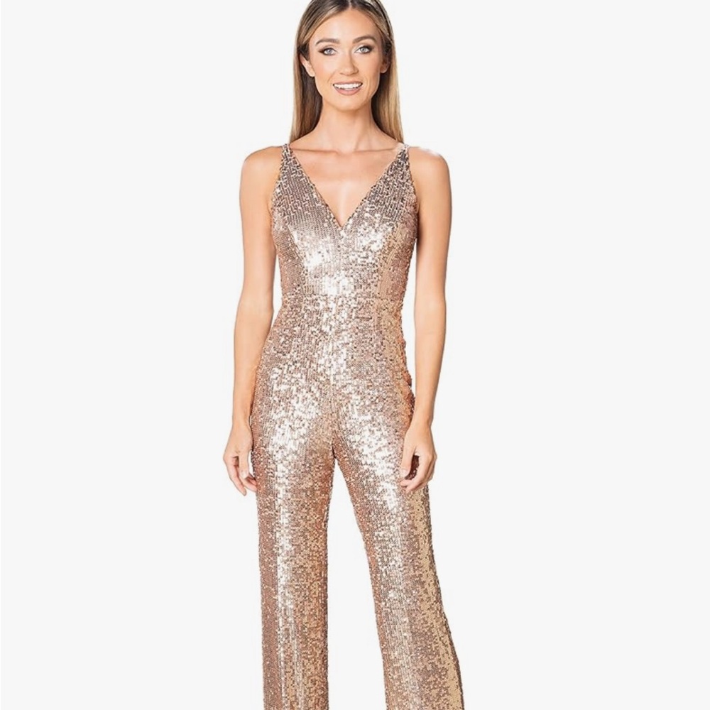 Dress the Population Charlie Gold Sequin Jumpsuit Plunge $318 retail